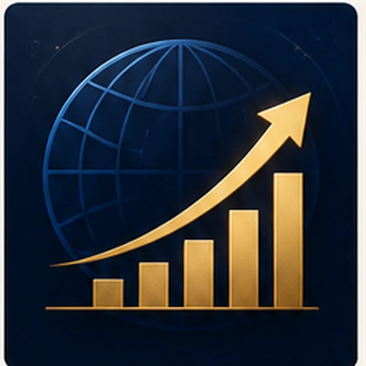 Economics and growth emblem with a globe, rising chart and directional arrow